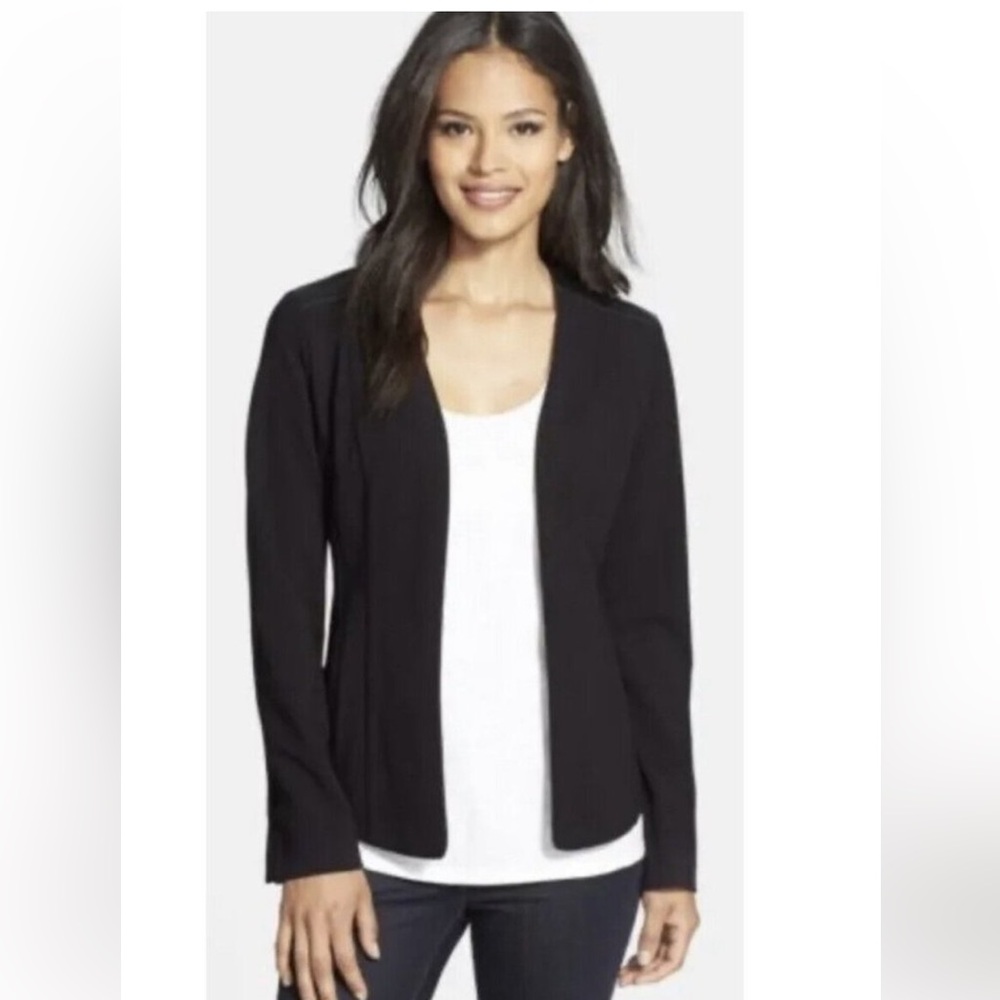 Eileen Fisher S Black Ponte open leather trim blazer ponte stretch